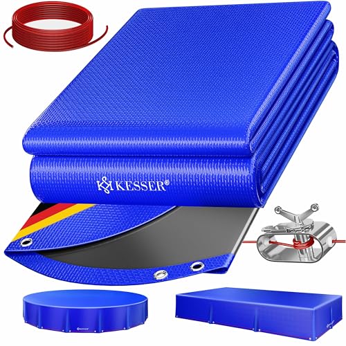 KESSER® Cobertura solar redonda para piscina, diâmetro de 366 cm, lona de piscina de 200 g/m², material de polietileno, inclui corda de aço tensor de corda com ilhós, cobertura de lona solar
