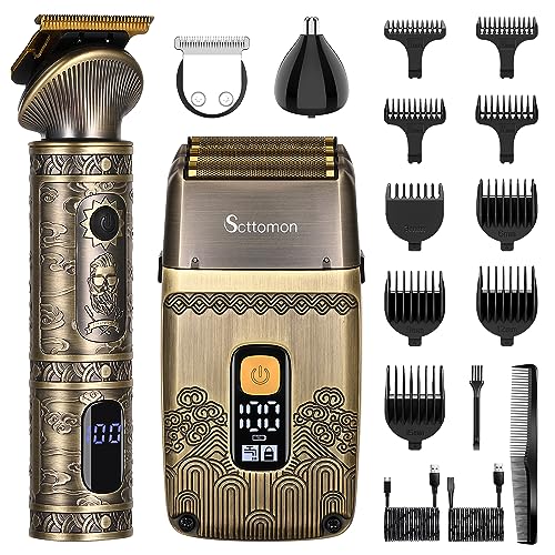 Scttomon Máquina de cortar cabelo para homens T - Blade e aparador de barba de navalha elétrica conjunto de beleza para homens com três peças sem corda