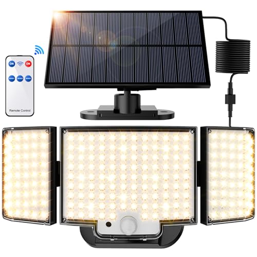 SIGRILL Luz solar exterior 212 LED, holofotes LED exterior solares sensor de movimento, 2200 mAh luzes solares IP65 impermeável, candeeiro solar com comando à distância (1 embalagem - branco quente)