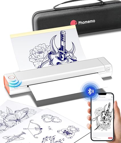 Phomemo M08F Impressora térmica táctio, termocopiadora tatuagem para estudos de tatuagens, artistas de tatuagem com papel de transferência de 10 unidades e organizador