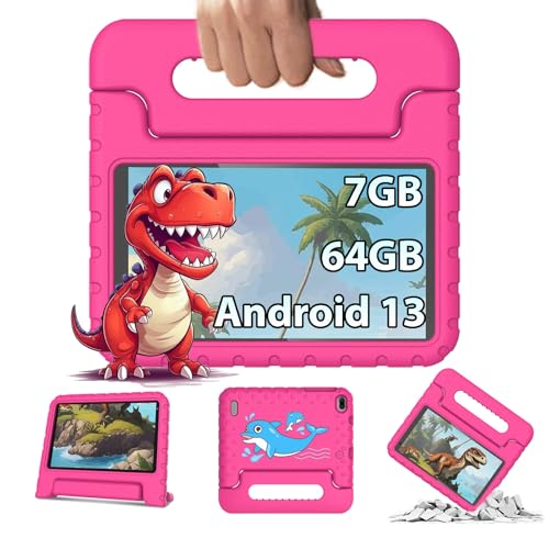 fezawio Tablet infantil de 7 polegadas, tablet Android de 13, 4 núcleos, 7 GB Ram 64 GB ROM (TF 512 GB), 3500 mAh, câmara 5 MP 8 MP, educação infantil, controlo parental, WiFi 6, Bluetooth 5.0, tampa
