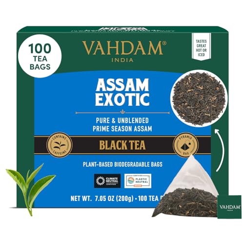 VAHDAM, Assam Exotic chá preto (100 pirâmidais sacos de chá) folhas soltas de chá Assam 100% puro e sem misturar | embalado fresco na Índia | quente, frio ou como Kombucha