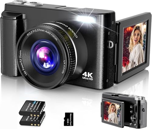 Câmara digital 4K, câmara fotográfica de 48 MP com foco automático, câmara compacta com ecrã ajustável de 180 °, câmara fotográfica com 2 baterias, 32 GB cartão para iniciantes