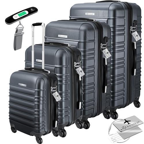 KESSER® Conjunto de 4 malas rígidas, conjunto de mala Trolley Incl. Balança de bagagem etiqueta de bagagem mala rolante fechadura 4 rodas ABS capa rígida alça telescópica S-M-L-XL, antracite, Trolley