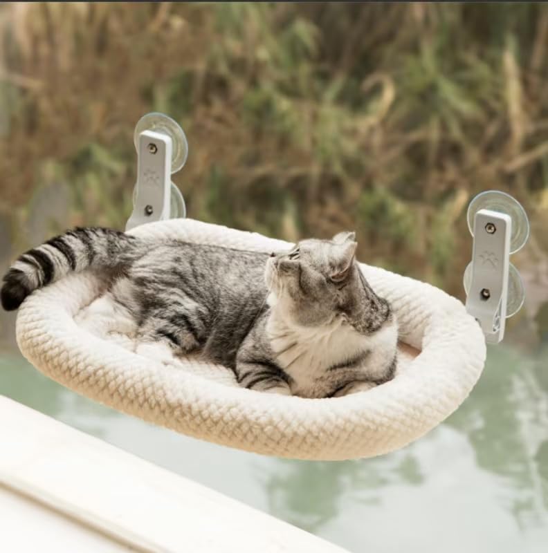 Cama para gatos janela - Rede de janela de gato dobrável, 4 ventosas e almofada removível suporta 18 kg