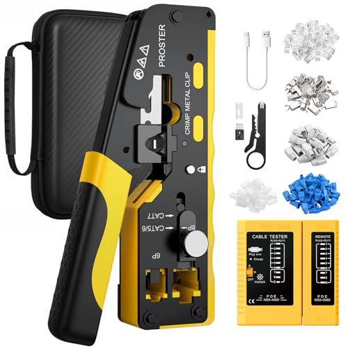 Proster Conjunto de crimpadora CAT7 profissional com design passante 20 conectores lindados testador de rede recarregável estojo - kit completo para redes de alta velocidade