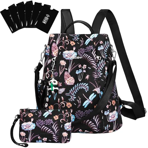 Eshow Mochila anti-roubo para mulheres e meninas, pode ser como mala de ombro ou mala de ombro, adequada para viagens escola compras e trabalho, Preto - flores e insetos, L