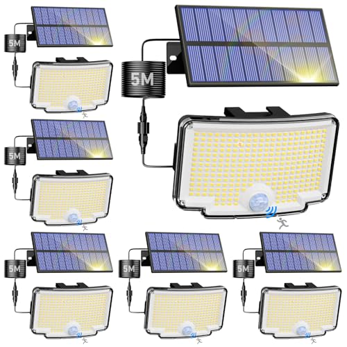 nipify Focos LED exteriores solares, luz solar com sensor de movimento, 318 LEDs/3 modos, impermeável potente candeeiro solar para jardim, garagens, caminhos, 6 pacotes branco frio