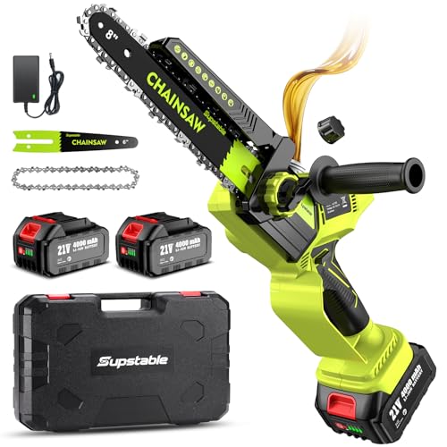 Supstable Mini serra elétrica para bateria de 8 e 6 polegadas, 8000 mAh serra elétrica poder árvores, 900 W, lubrificação automática de corrente, ajuste sem ferramentas, compatível com Makita bateria