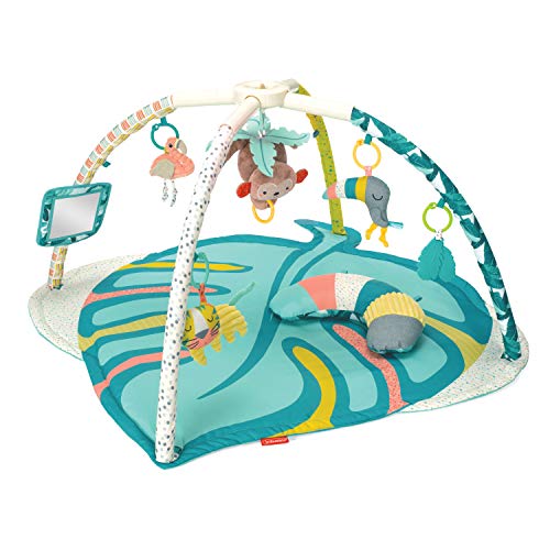 Infantino Tapete de jogos para bebé 4 em 1 Deluxe Twist & Fold Activity, design tropical, com atividades para bebé, brinquedos musicais, espelho e almofada de reforço