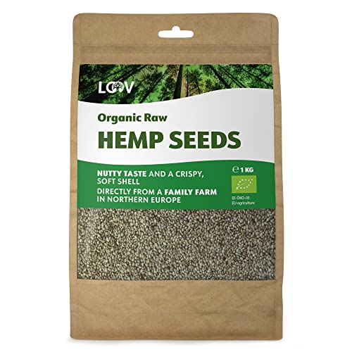 Sementes de cânhamo inteiras cruas orgânicas LOOV, 1 kg, não tratadas termicamente, conserva nutrientes, sabor de noz, cultivadas em clima nórdico, boa fonte de proteína e fibra à base de plantas