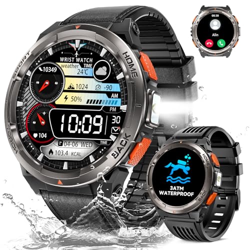 Militar relógio inteligente homem com lanterna LED, 1,45'' 3ATM impermeável Smartwatch homem com chamadas Bluetooth, bússola, altura, barómetro, fitness Tracker com SpO2/pulsómetro/para iOS Android