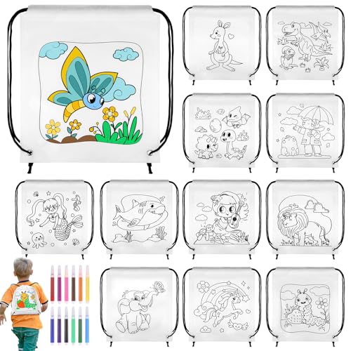 Zocipro 12 peças Mochila para colorir para crianças, bolsas para colorir com 12 ceras de cores empilháveis, mochila de graffiti com cordão, presentes de aniversário para crianças colégio, sacos de