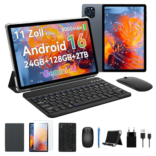 KINGRID T90 Tablet Android 16, 24 GB RAM + 128 GB ROM, tablet de 11 polegadas FHD com teclado e rato, 5G WiFi, 8000 mAh, Widevine L1, câmara dupla, Face ID, GPS e capa
