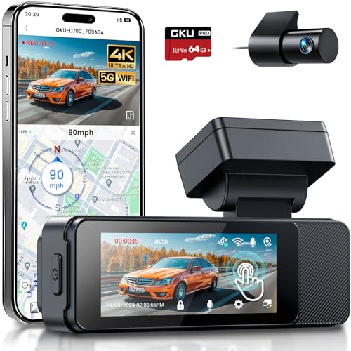 GKU Dashcam para carro dianteiro traseiro, 4 K/2,5 K com ecrã tátil de 3,18 polegadas, GPS 5G Wi-Fi, câmara dupla para carro, cartão SD de 64 GB, monitor de estacionamento, WDR, ângulo amplo de 170°,