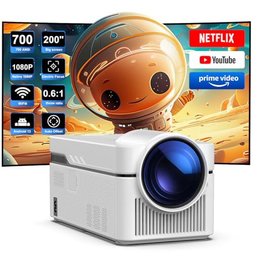[Netflix licenciado] Projetor Android 13 inteligente com oficiais TV Apps, HY450NTV Projetor Full HD 1080P nativo 700ANSI auto-deslocamento 5GWifi foco eletrónico para cinema em casa