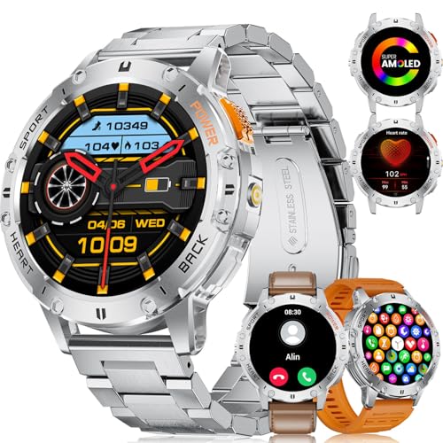 LIGE Relógio inteligente homem com lanterna LED, 3 cintos, 530 mAh, 1,43" AMOLED Smartwatch para Android iOS, 5ATM impermeável, 24H frequência cardíaca, chamadas Bluetooth, 300 Watch Faces Smart Watch