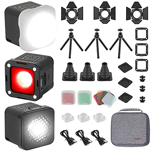 SMALLRIG Professional Mini kit de luz de vídeo LED, embalagem de 3, conjunto de luzes de câmara portátil à prova de água, com 8 filtros de cor, luz de fotografia de enchimento regulável 5600K