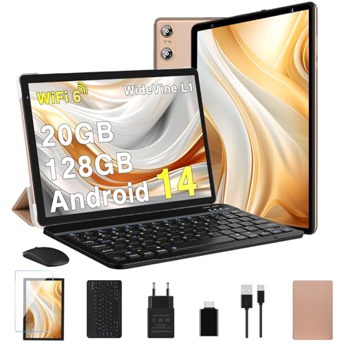 Biegedy Tablet de 10 polegadas Android 14, 20 GB RAM + 128 GB ROM + TF 1GB, Dual Band WiFi 6, Widevine L1 / 5 MP + 8 MP / 1280 * 800 / Bluetooth 5.0, Octa-Core 1,8 GHz Tablet com tablet com Tablet