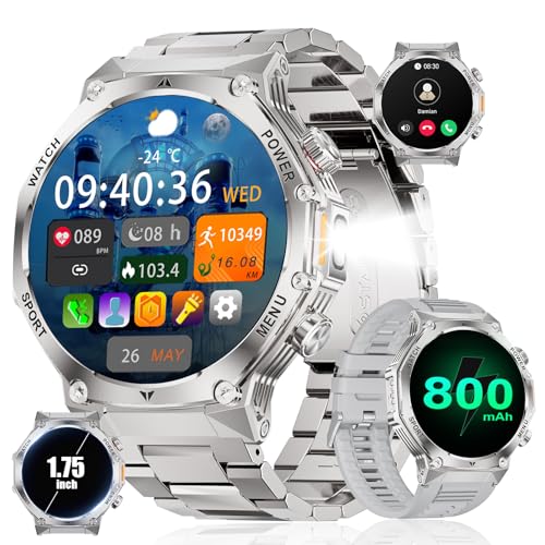LIGE Relógio inteligente para homem, 1,75" Smart Watch com 800 mAh/mais de 30 dias em espera / lanterna LED, chamadas Bluetooth, IP68 impermeável 114 modos desportivos para Android iOS