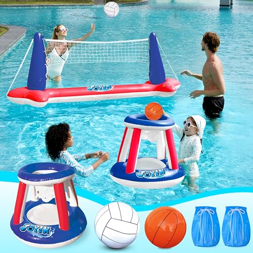 JOYIN Brinquedo flutuante para piscina, rede insuflável de voleibol e aros de basquetebol para crianças e adultos, bolas incluídas, conjunto de flutuador de piscina, flutuadores de verão, vermelho