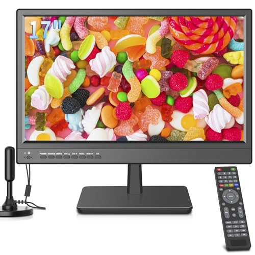 ZOSHING TV de 17 polegadas, pequenas televisões com sintonizador T2 e antena, AC - adaptador/DC-12 V, HDMI USB e VGA portas de entrada para Camper/Monitores/Cozinhas