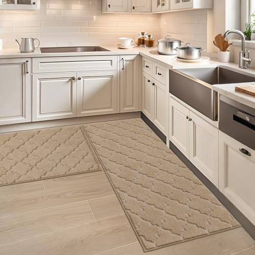 COSY HOMEER Tapete de cozinha antiderrapante lavável, conjunto de 2 unidades (61 x 90 cm + 61 x 152 cm), tapete para corredor e cozinha, ideal para sala de estar, bege