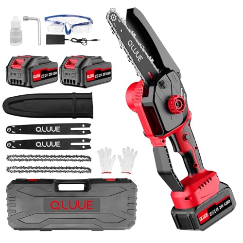 QLUUE Mini serra elétrica, 8000 mAh, serra elétrica sem fio de 6 polegadas, 2 baterias, potente motor e corrente de liga endurecida, adequada para árvores de jardim, tesoura de jardim, corte
