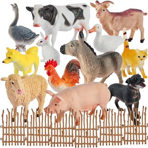 BUYGER Figura de animais de quinta brinquedo, acessórios para animais de tamanho grande e mini com cerca de montagem, conjunto de animais realistas para meninos meninas