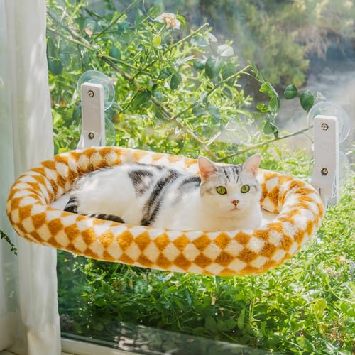 EDAGNY Elegante rede para gatos no interior, dobrável, com janela para gatos, de felpa, com cobertura grossa removível, estrutura de aço resistente com 4 ventosas que suporta até 18 kg (laranja, M