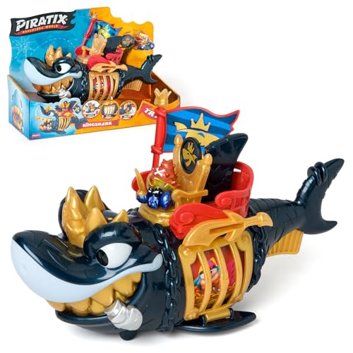 PIRATIX King Shark Golden Teeth - tubarão articulado, com uma gaiola para capturar os rivais Piratix. Contém 1 tubarão, 1 tesouro exclusivo, 1 Piratix exclusivo e 1 acessório