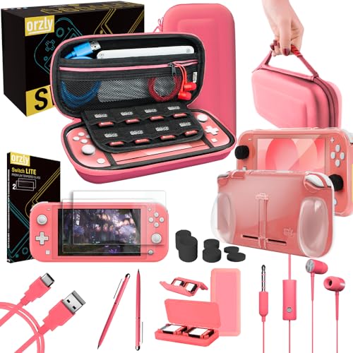 Orzly Acessórios para Nintendo Switch Lite – O pacote inclui: Protetores de ecrã e capa para Switch Lite consola, capa Comfort Grip, cabo USB, auriculares e muito mais. (coral)