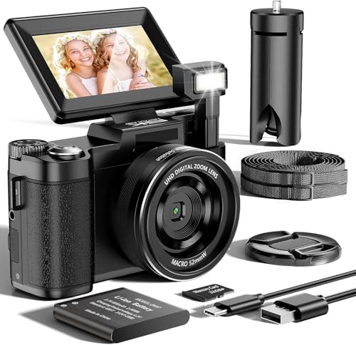 Câmara de fotos 5K 64MP Zoom digital 18X câmara digital foco automático, ecrã IPS de 3" 180°, câmara Vlogging com cartão de memória de 32 GB, bateria de 800 mAh, ideal para jovens iniciantes