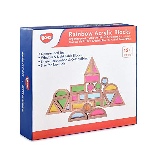 BOHS Blocos sensoriais arco-íris (24 peças) - brinquedos de madeira para crianças pequenas - brincar na mesa de luz/janela ensolarada