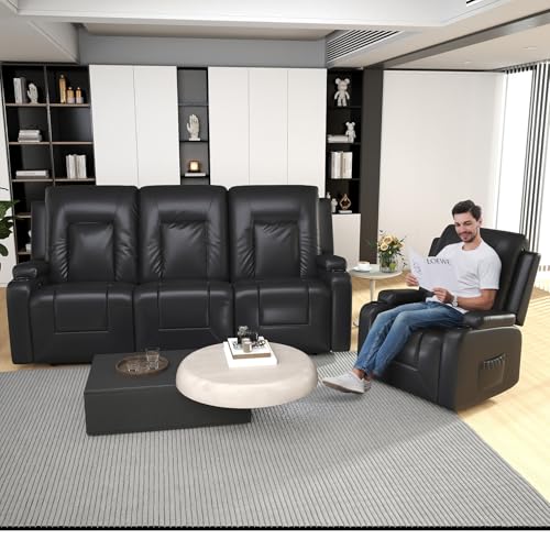 COMHOMA Poltrona Relax reclinável, encosto ajustável, com porta-copos, bolsos laterais, apoios de braços, apoio para os pés, pele sintética, para sala de estar, quarto, cor preta, 3 + 1