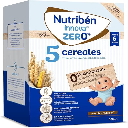 Nutribén innova ZERO 0% 5 cereais, trigo, arroz, aveia, cevada e milho, alimentos para bebés a partir de 6 meses, adição de 0% açúcares, cereais integrais, 500 g