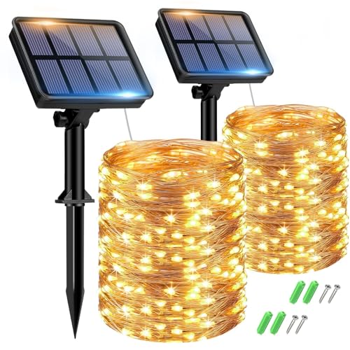 btfarm 2 pacotes grinaldas luzes solares exteriores, totalmente 30 m 300 LED, 8 modos de corrente de luzes decoração para terraço, festas, casamentos, pátio, jardins (branco quente)