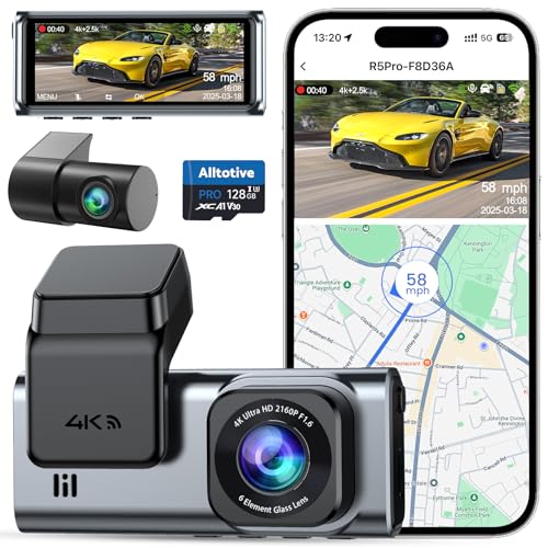 Alltotive R5 Pro Câmara Dash CAM carro 4K dianteiro e 2,5 K traseira, WiFi 5 GHz, GPS, 128 GB SD, vigilância 24H, visão noturna, ecrã IPS 3,16", G-Sensor, ângulo 170°, 256 GB máximo