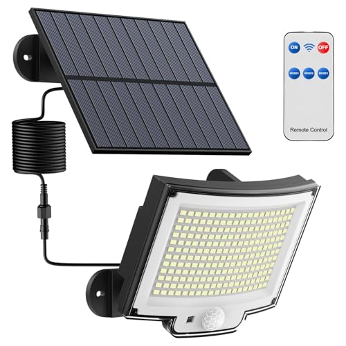 Topabol 228 Luz solar exterior com sensor de movimento【228 LED/3 modo】, com controlo remoto, LED solar exterior potente com um cabo de extensão de 5 m, luzes de segurança para o jardim