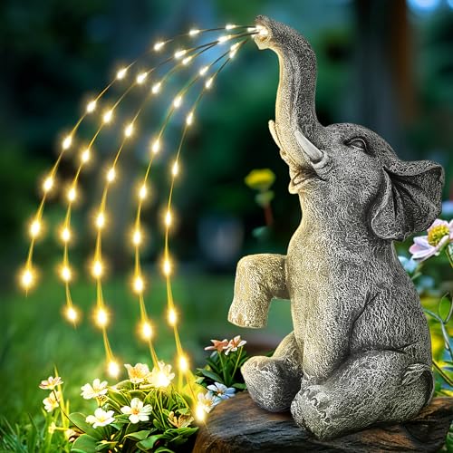 GIGALUMI Estátua de elefante aprimorada, decoração de jardim, figura de elefante de rega real, luzes LED alimentadas por energia solar, presentes para mãe, para mulheres, decoração de elefante para