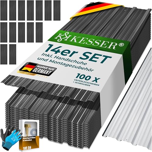 KESSER® Chapa trapezoidal de 110 cm x 46 cm = 7 m², 14 unidades, chapa de teto para galpão, placas de teto de aço galvanizado de 0,25 mm, inclui 100 parafusos arruelas e luvas de montagem