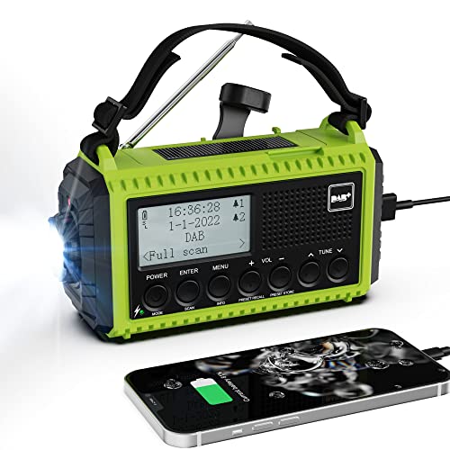 Rádio solar, emergência portátil com manivela, rádio Dynamo Dab/Dab+/FM, carregador de telefone USB, lanterna LED e luz de leitura, alarme SOS, equipamento de emergência para campismo