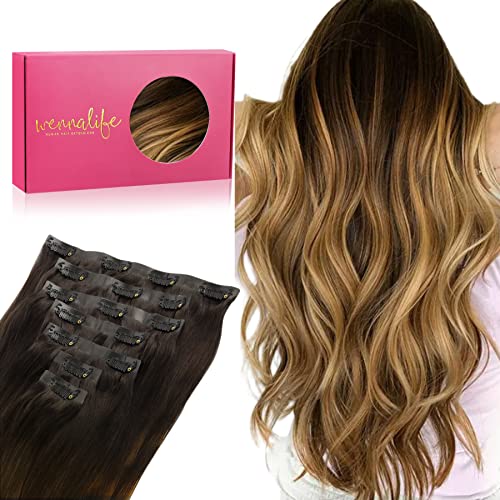 WENNALIFE Extensões de clipe sem cabelo natural, castanho escuro a castanho e loiro sujo destacado 45 cm 130 g 7 peças sem costuras extensões de cabelo natural Remy humano
