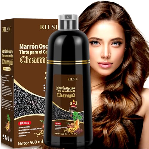 RILSIC Hair Dye Shampoo 3 em 1, Champu Tinta cabelos castanhos escuros, tinta de cabelo cobertura canas, champô tinta cor canudos instantâneos, champô para colorir cabelos em minutos para mulher homem