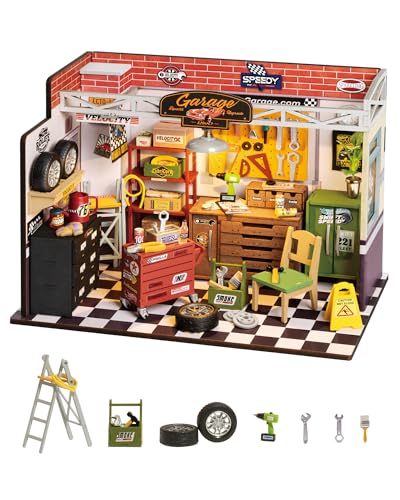 Rolife Casa de bonecas de madeira garagem oficina miniatura DIY craft kits casa de bonecas kit de construção com luzes LED Natal aniversário presente para crianças e adultos