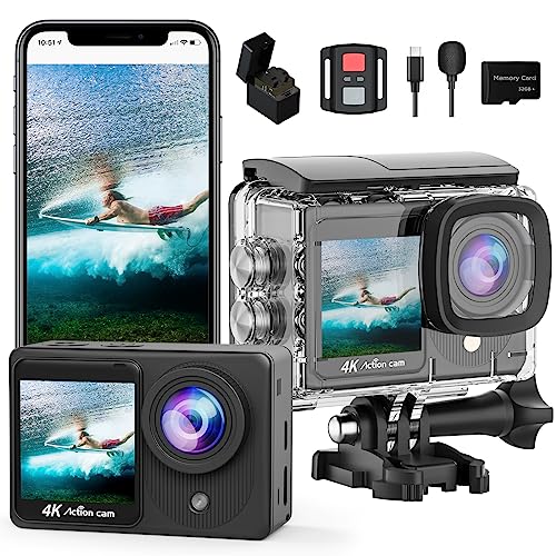 Yolansin 4k30fps Câmara desportiva de ecrã duplo com cartão SD 32 GB, pré-gravação 20 MP ecrã tátil câmara de vídeo EIS, câmara de ação impermeável 131 ft, Wi-Fi câmara 2 baterias, controlo remoto