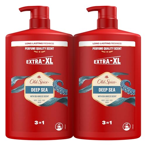 Old Spice Deep Sea Gel de duche e champô para homens 2 x 1000 ml, gel para rosto, corpo e cabelo 3 em 1 multifunções, frescura duradoura, fragrância excecional, limpeza profunda