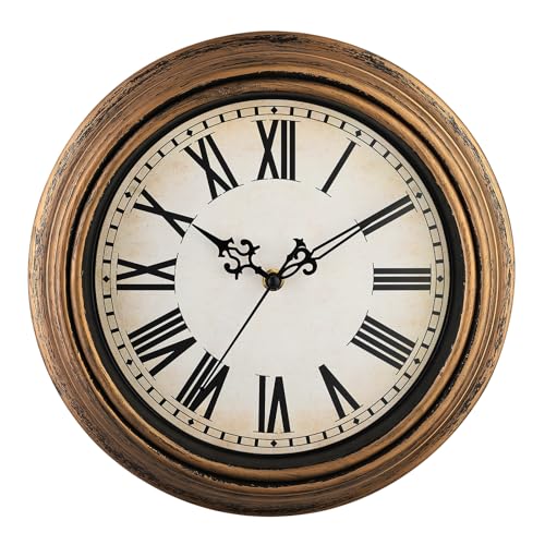 Plumeet Relógio de parede retro, relógio com números romanos silencioso clássico sem Tic-TAC de 25 cm, adequado para decorar sala de estar, quarto, alimentado por bateria