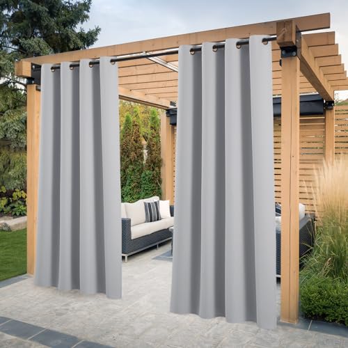 PONY DANCE Cortinas de alpendre impermeáveis cortinas de exterior com proteção UV, cortinas para terraços, pérgolas de jardim, cortinas opacas com furos, 2 peças, 132 x 243 cm, cinzento claro