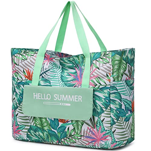 Myhozee Bolsa de praia mulher mala de praia grande XXL familiar com fecho de correr, hopper mala de ombro malas toodes verão, impermeável para piscina piquenique, Verde, Sport e tempo libero